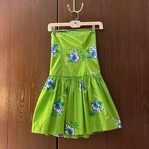 Hollister strapless Hawaiian lime green mini dress with blue flowers. Size Med